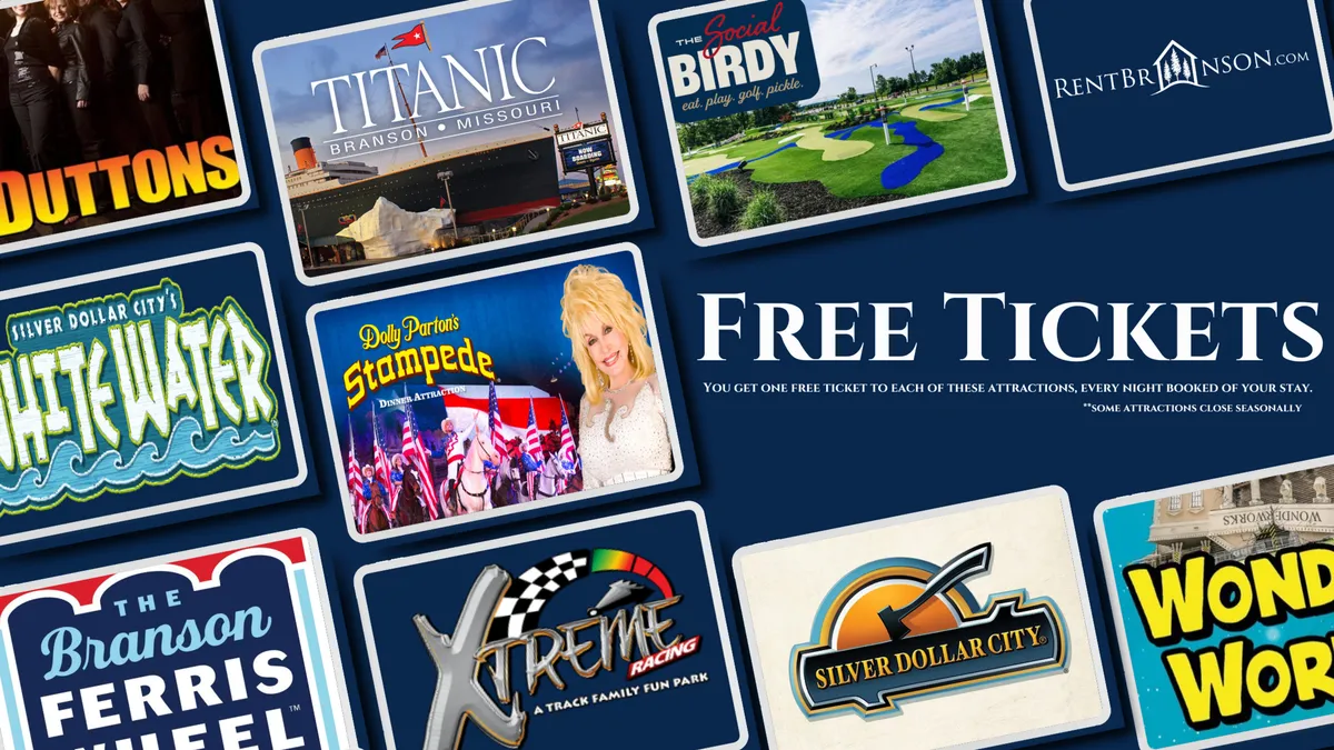 This interior image showcases various Branson attraction logos, a 'Free Tickets' banner, and imagery of local shows and amusement parks, conveying the excitement and accessibility of nearby attractions for all visitors.